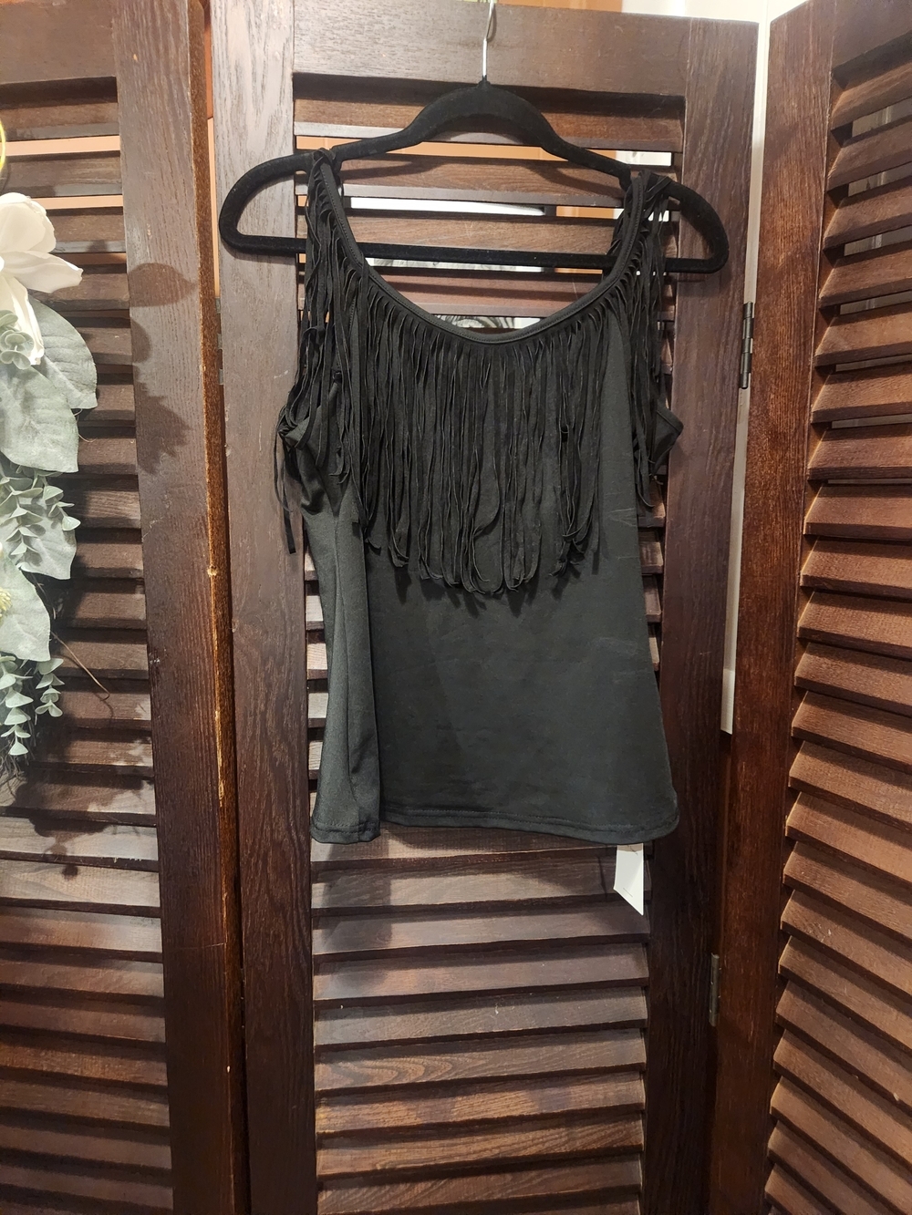 Women’s Black Fringe Cold-Shoulder Tank Top